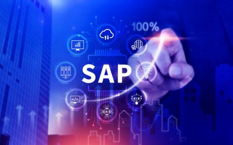 SAP system concept, SAP System Application Products, Business process automation and management software concept, management solutions.