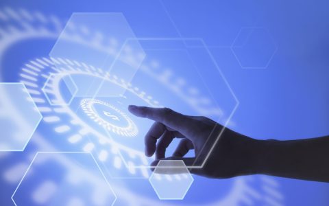 Hand pointing at currency blockchain technology background